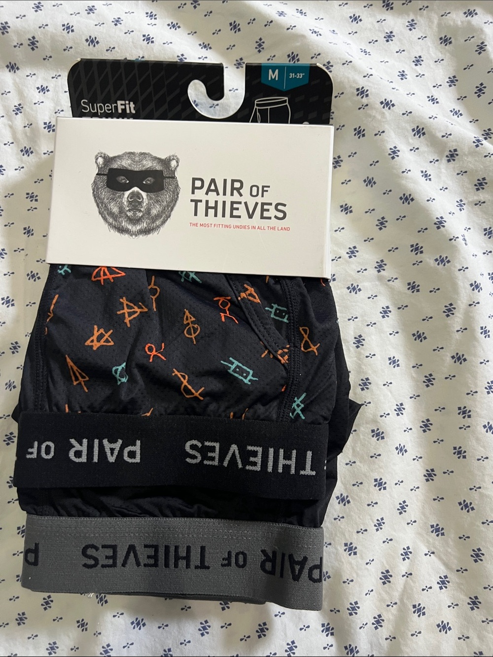 Pair of Thieves Men’s Black Boxer Briefs with Orange & Teal Print - M